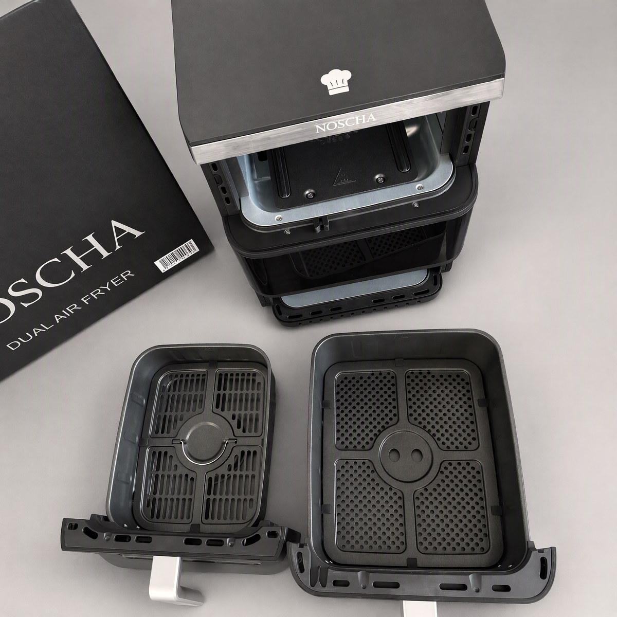 NOSCHA Heißluftfritteuse Dual Basket (3,5 L + 6,5 L) – 2500 W, inkl. Kochbuch mit 50 Rezepten